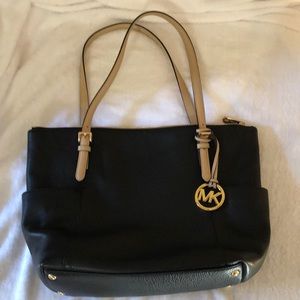 Michael Kors Large Work Tote Bag Black Purse Zippered Tan Straps Gold Hardware